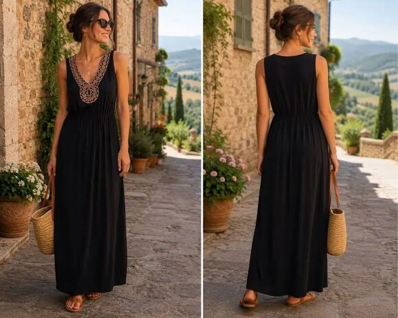 Sonoma Dresses & Skirts - Sonoma women M cotton blend v-cut maxi dress w/wooden beading & side slits black